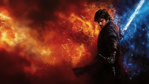 Male warrior with glowing sword amid fire and ice field.