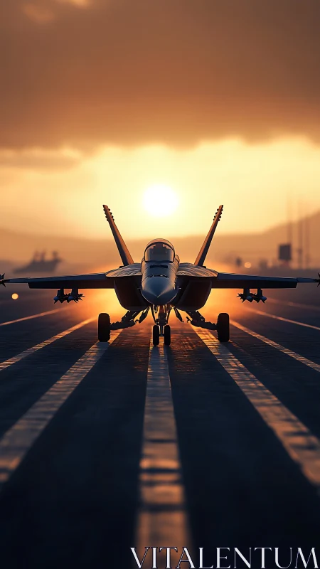Sunlit fighter jet awaits takeoff on dramatic runway horizon
