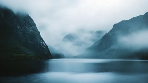 Misty fjord landscape with calm reflective water at dawn.