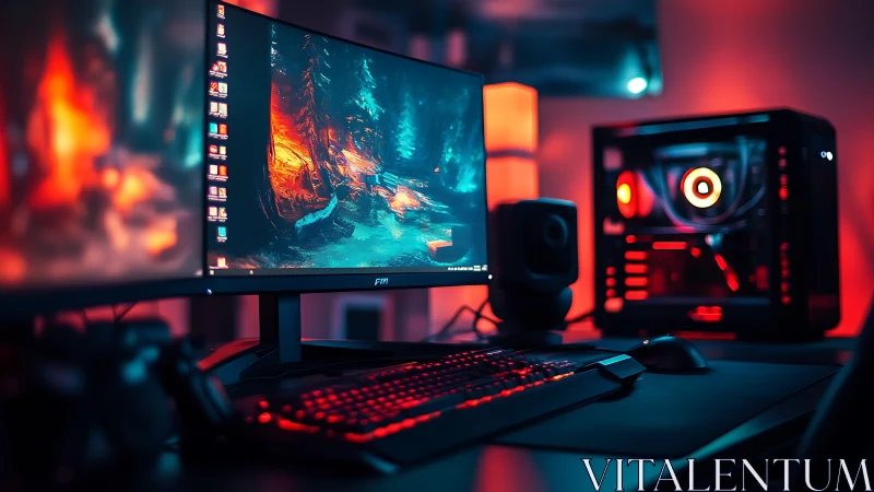 RGB gaming PC setup with ultra wide monitor and desk.