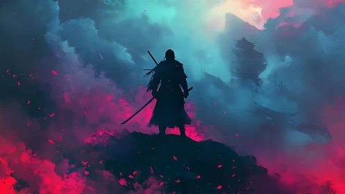 Lone samurai silhouette amid neon storm clouds at dusk.