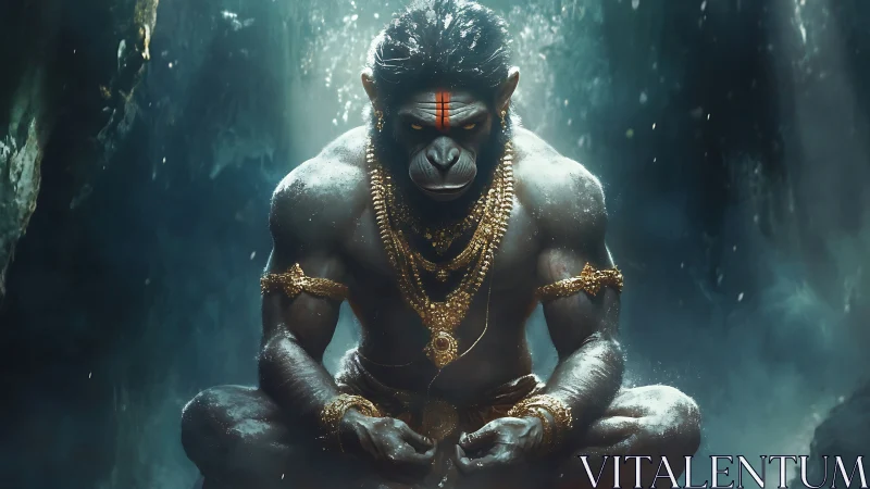 Mythic simian warrior in meditative cave setting.