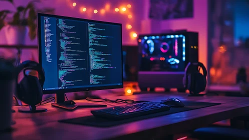 Neon-lit programmer workspace with code on ultrawide monitor.