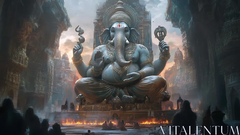 Colossal Ganesha statue dominates cavernous temple courtyard