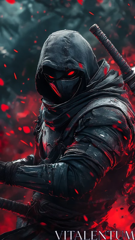 Hooded cyber-assassin with red tactical aura in motion.