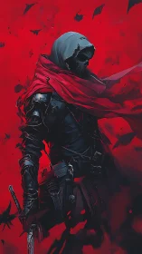 Scarlet storm whirls around a hooded reaper-knight sentinel