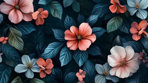 Soft coral blossoms glow gently against deep teal leaves