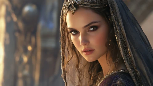 Crowned desert enchantress gazes through molten evening light.