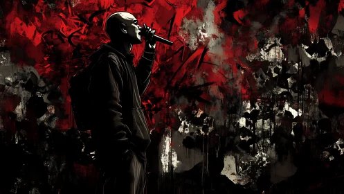 Midnight street poet framed by wild crimson echoes.