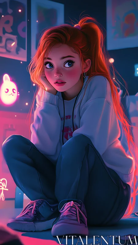 Neon-lit anime girl in crouched pose with ambient bokeh glow.