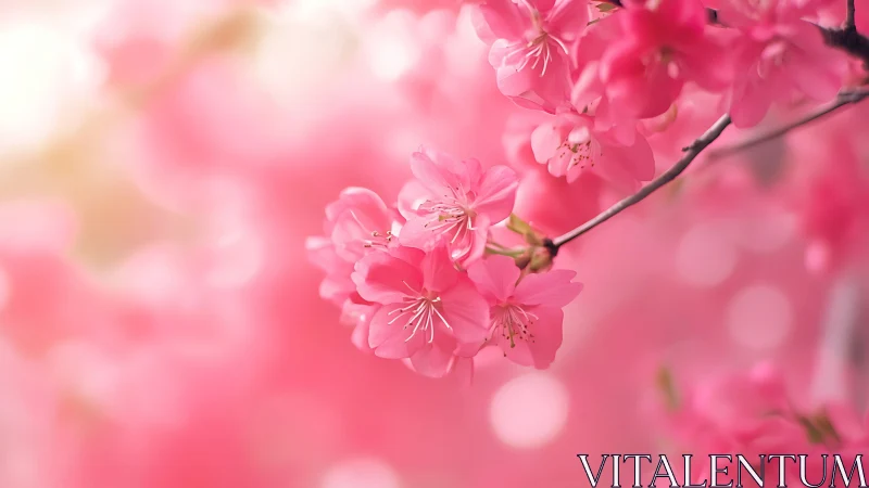 Pink Cherry Blossoms with Bokeh Background and Branch Structure.