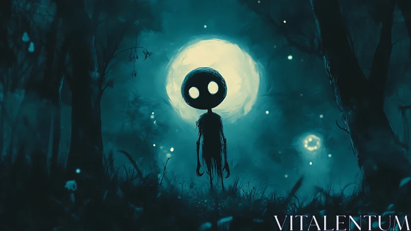 Moonlit shadow figure lingers in an eerie enchanted forest.