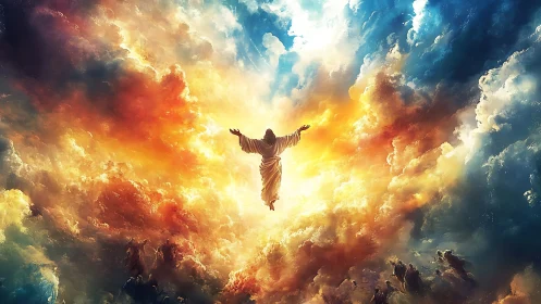 Central robed figure ascending within luminous cloud field.