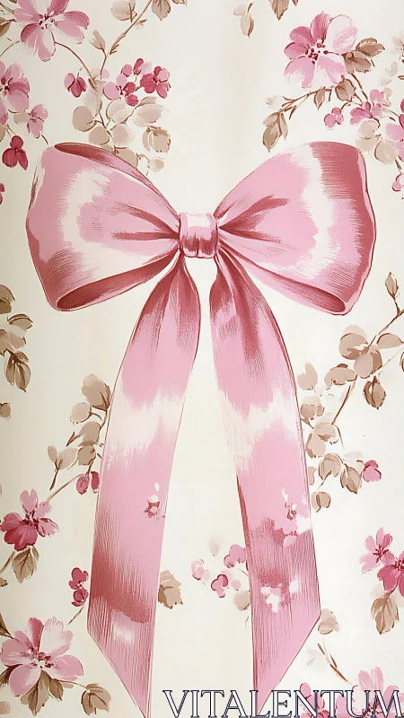 Soft pink ribbon centerpiece over vintage floral ground.