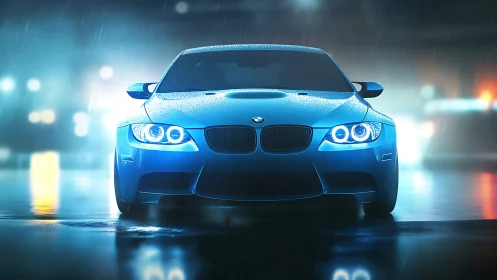 Neon-lit blue sports coupe rendered in cinematic night rain