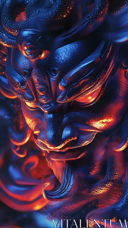 Fiery demon sculpture glows with molten light and shadow