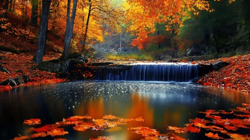 Autumn forest waterfall with reflective pool and fallen leaves.