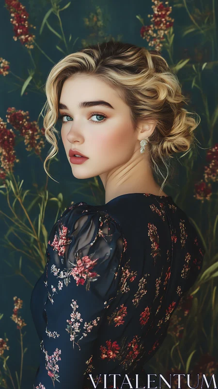 Photorealistic portrait of young woman in floral navy dress