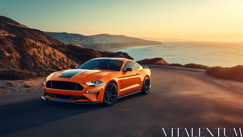 Photoreal coastal muscle car study in golden hour light.