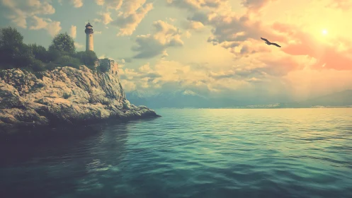 Golden hour lighthouse watches over calm turquoise sea