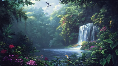 Dense jungle waterfall scene with birds and lush flora.