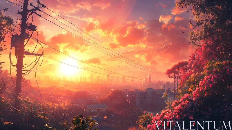 Sunlit suburban skyline framed by floral hillside foliage.