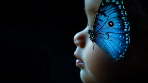 Close child profile with blue butterfly on face in shadow.