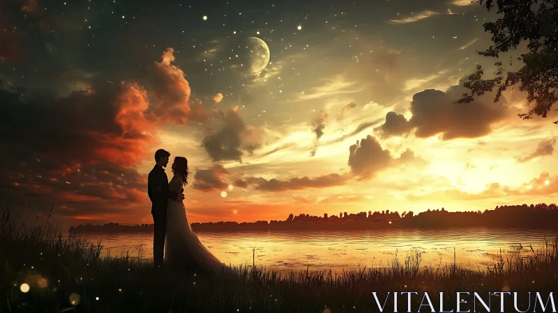 Couple by Water at Sunset Under Crescent Moon