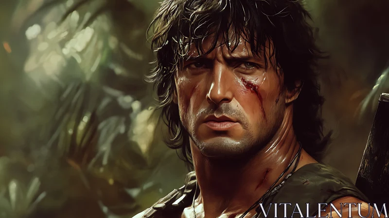 Battle-scarred warrior stares ahead in tense jungle silence