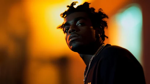 Moody low-key portrait under vivid orange streetlight glow