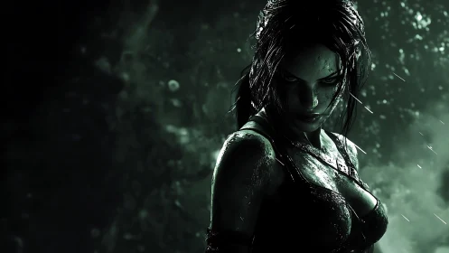 Cinematic warrior portrait in stormlit high-contrast 3D rendering.