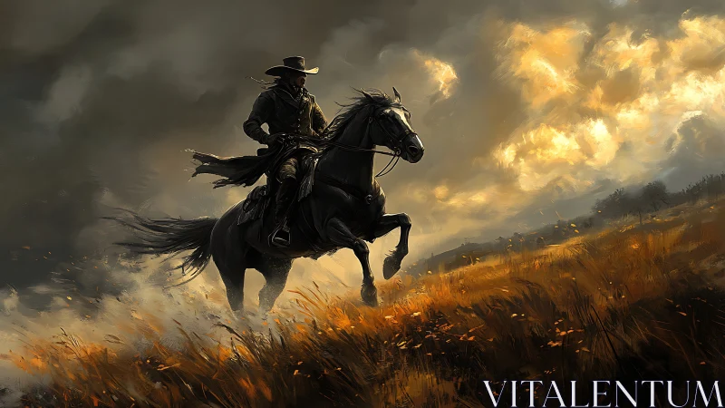 Storm-lit cowboy racing through wild golden prairie winds.