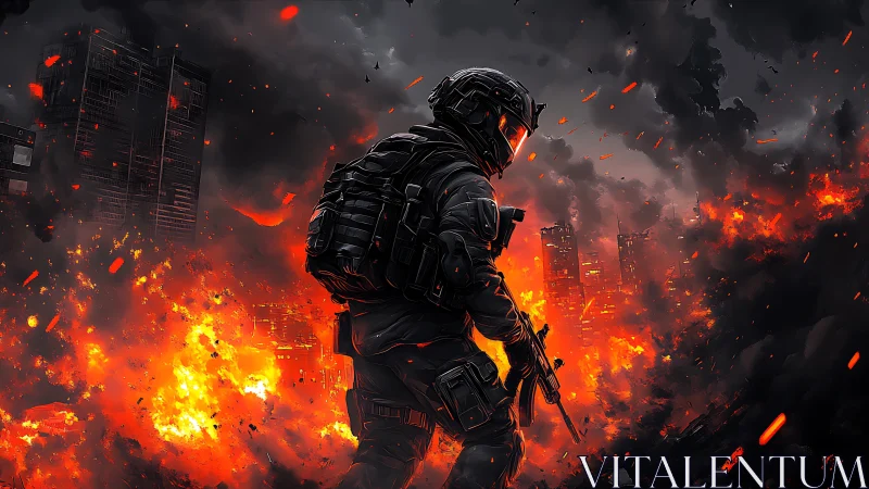 Armored Operative amid Urban Inferno: Digital Rendering.