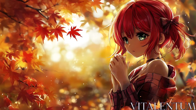 Autumnal anime portrait with bokeh diffusion and maple foliage.