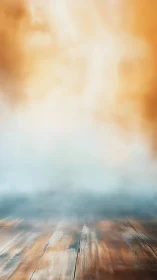 Textured wooden floor receding into soft bokeh fog gradient background