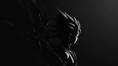 Shadowed anime warrior emerges from darkness in stark light