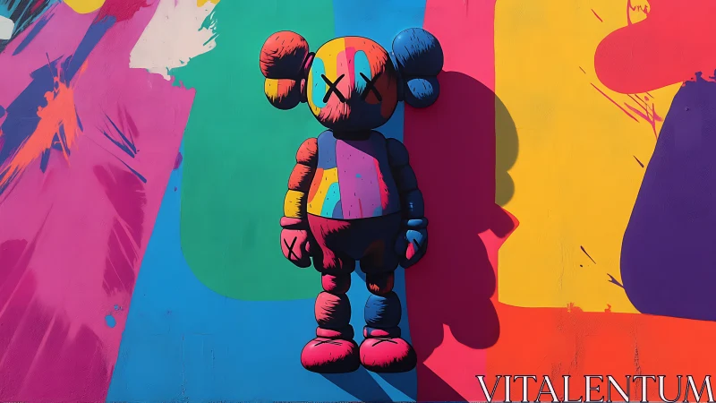Colorful toy character stands calmly on a bold street mural
