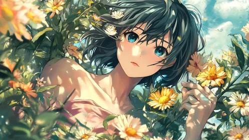 Young figure with teal hair among yellow garden flowers.