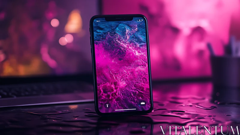 Neon tide surges through a glossy smartphone nightscape.