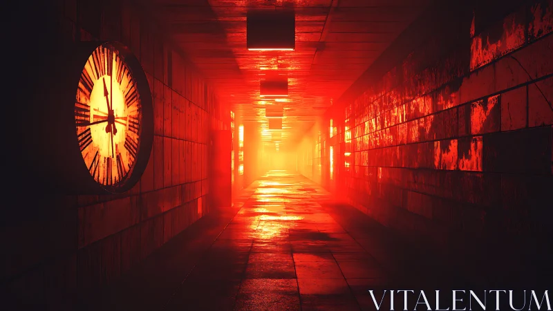 Glowing corridor clock marks time in a fiery neon haze