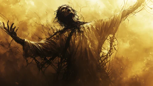 Tormented figure erupts from golden mist in twisted thorns.