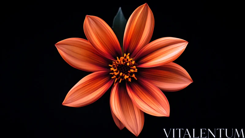 Coral Dahlia Bloom Against Black. Golden Stamen Center.