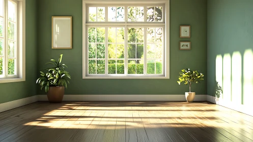 Sunlit interior with green walls, window and potted plants.