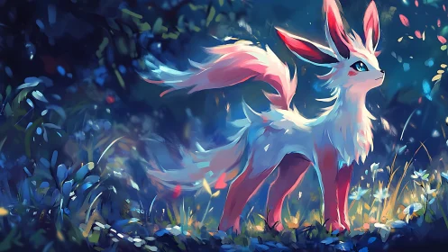 Luminescent fox creature in glowing twilight forest.