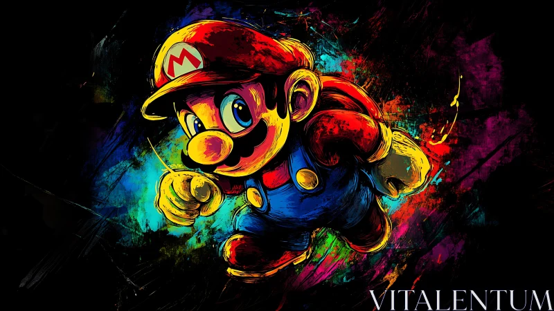 Colorful Mario character sprinting on abstract neon backdrop.