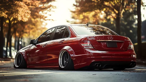 Crimson stance Mercedes prowls an autumn-lit city boulevard.