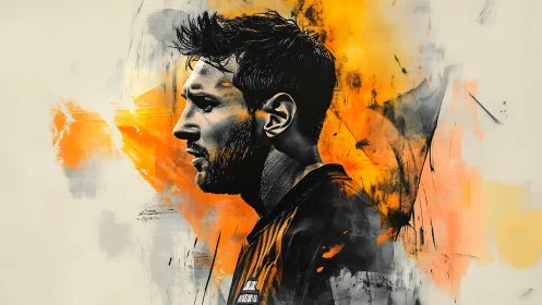 Side-profile digital portrait with dynamic orange brushstroke field