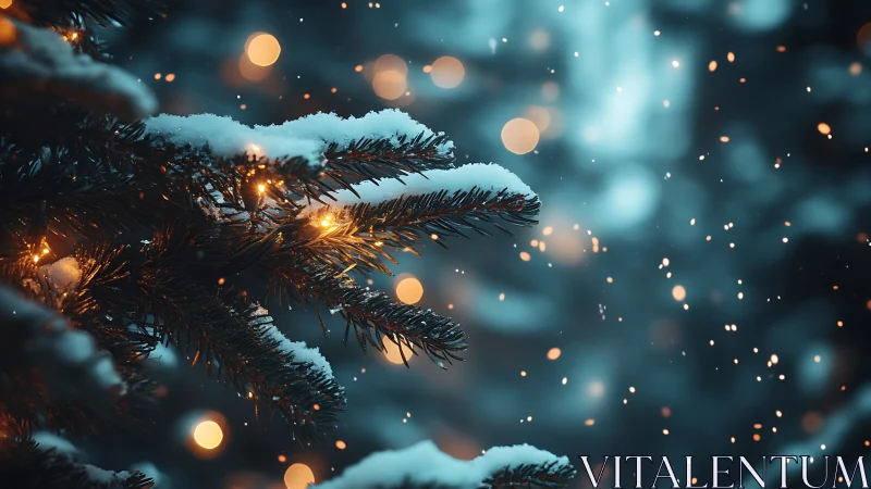Snow-dusted fir branches with golden bokeh holiday lights.