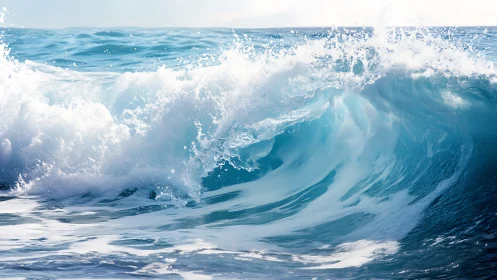 Ocean wave curls in sunlit turquoise and white fury.