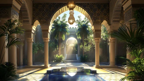 Sunlit Moorish courtyard with arches, pool, and palm trees.